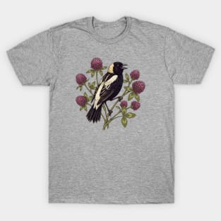 Botanical Bobolink Bird Perched With Purple Clover T-Shirt